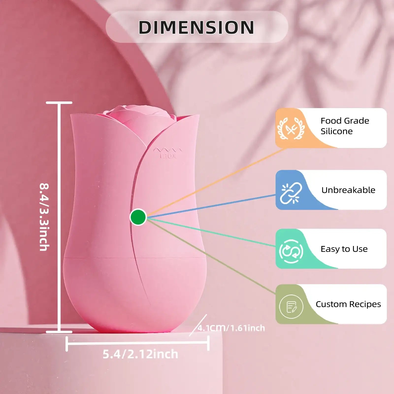 Pink, rose-shaped silicone face ice roller with dimension labels and product features listed on the side.