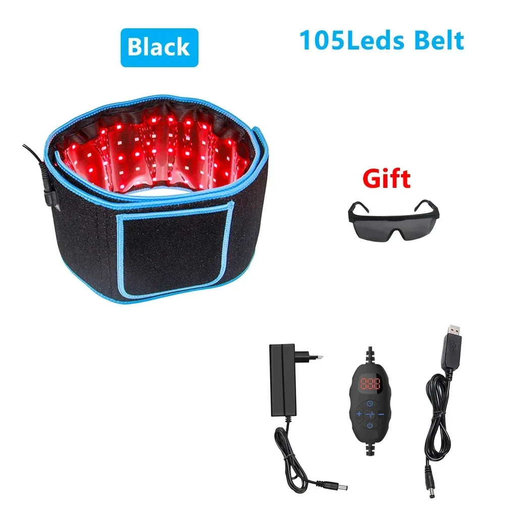 Black 105 LED red light therapy belt with 660nm and 850nm infrared, controller, and protective goggles.