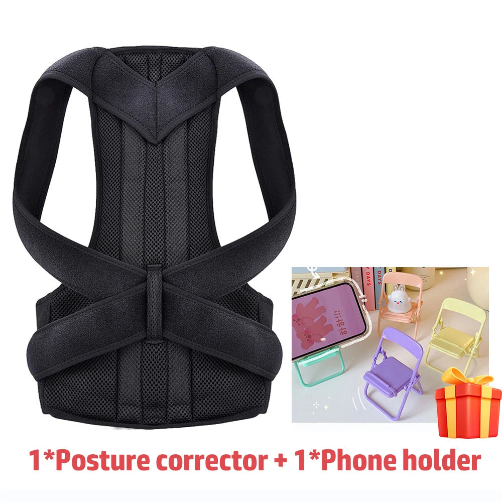 Black mesh back posture corrector harness and a miniature colorful plastic folding chair phone stand.