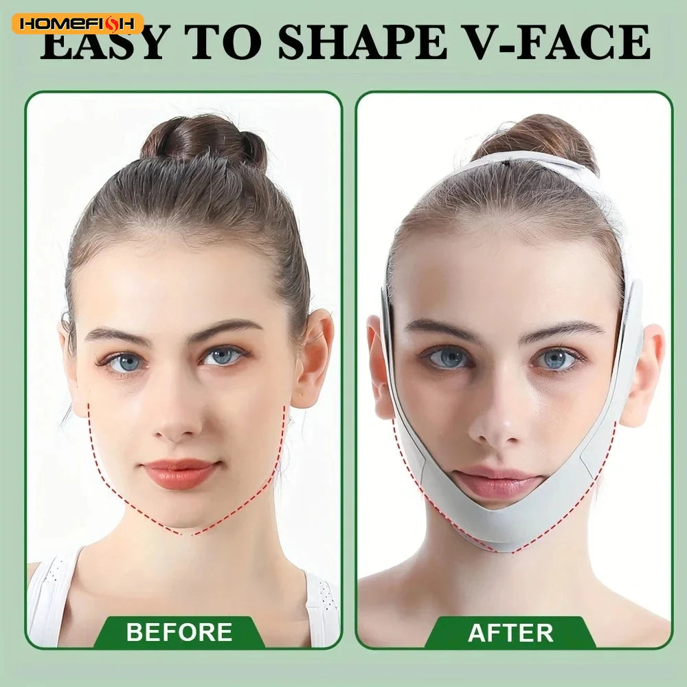 Before and after comparison of a person wearing a light grey, adjustable elastic V-face slimming strap mask.