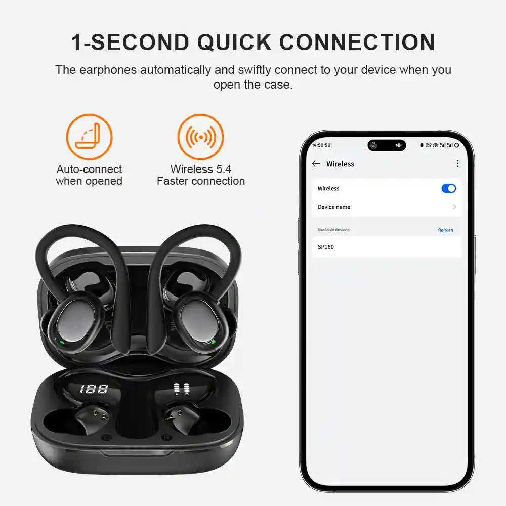 Wireless Bluetooth Sports Earbuds | Secure Ear-Hook Fit | Black | Tidesmit Tidesmit