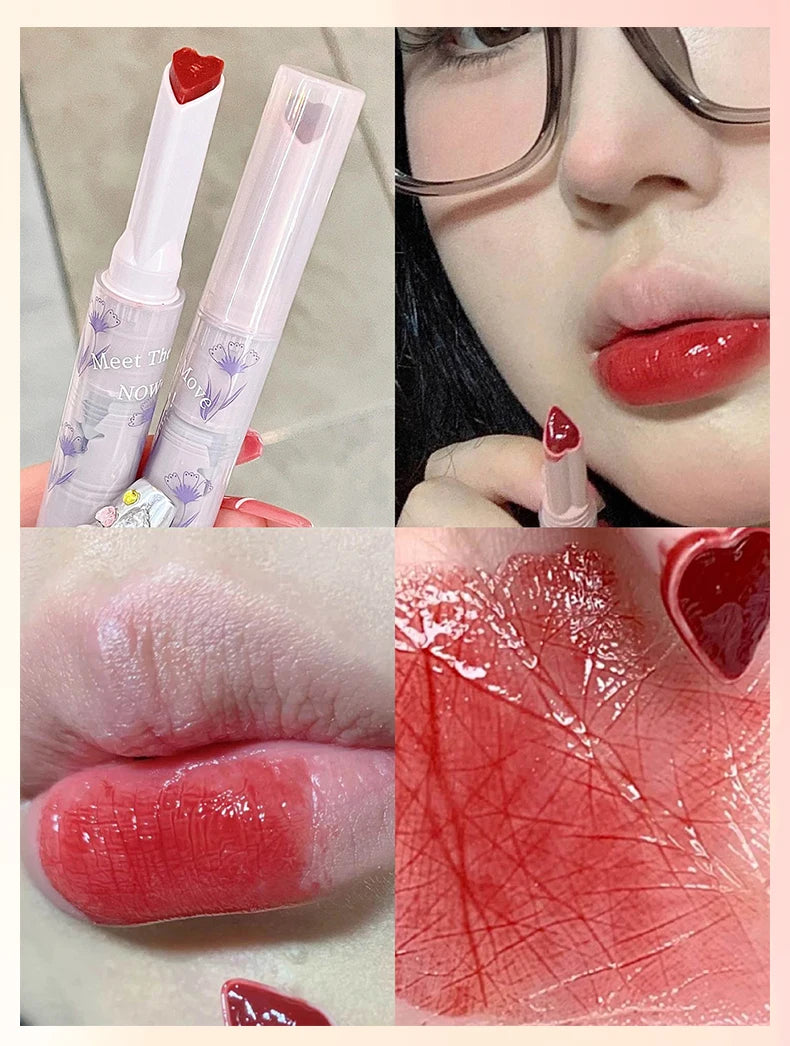 Gege Bear heart-shaped lipstick: glossy jelly finish, moisturizing red tint with floral packaging design.