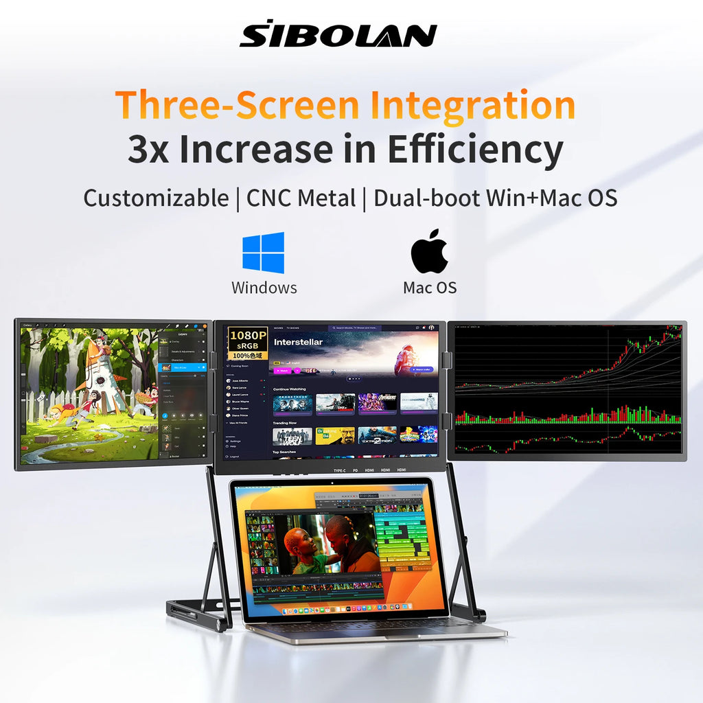 SIBOLAN 16 Inch Triple Screen Foldable Extender Display 2.5k/1080P IPS All-Metal Adjustable Stand USB C for MAC Laptop Travel