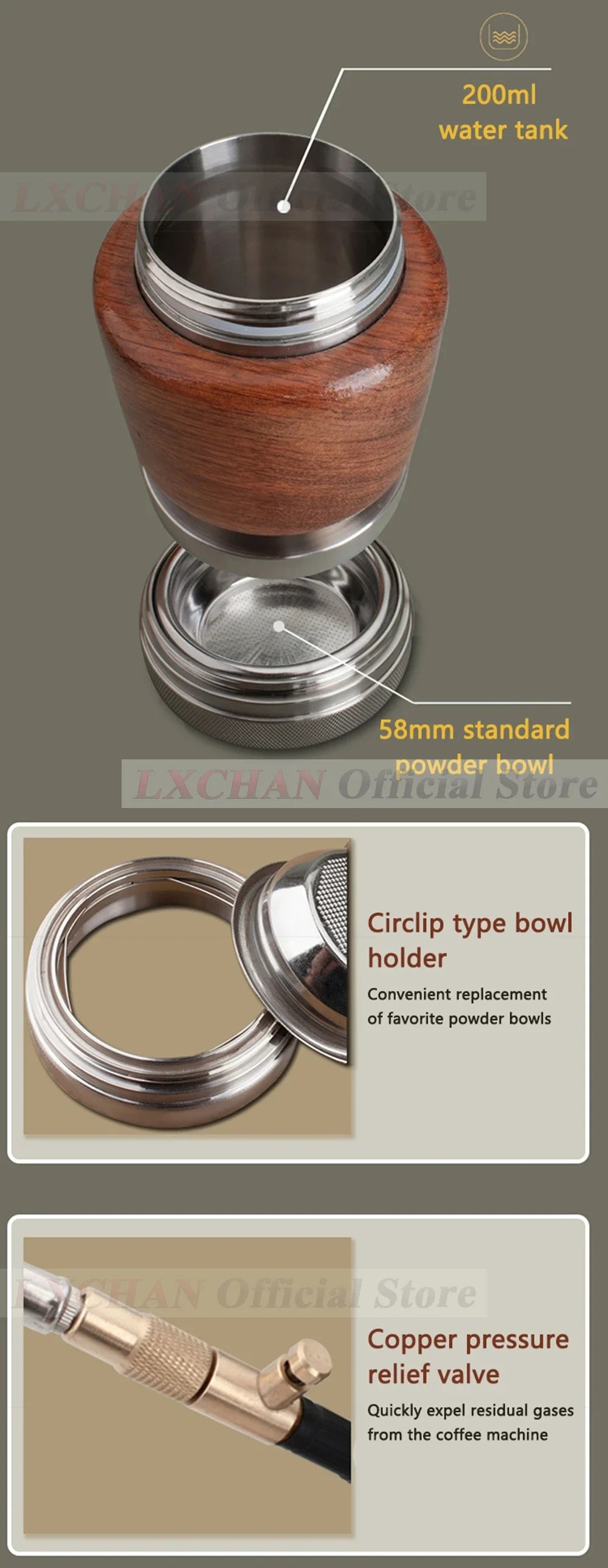 LXCHAN portable espresso maker with 200ml tank, wood finish, stainless steel, and 58mm powder bowl and pressure valve.