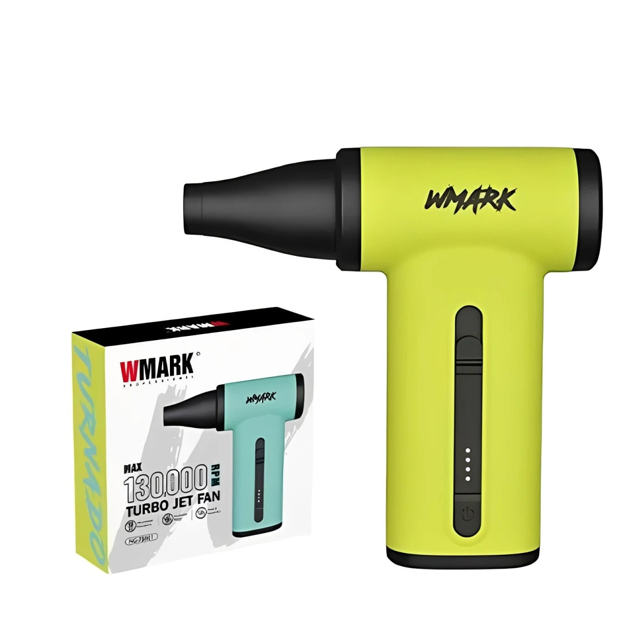WMARK NG-TB001 neon yellow cordless turbo jet fan hair dryer with nozzle attachment and retail packaging box.