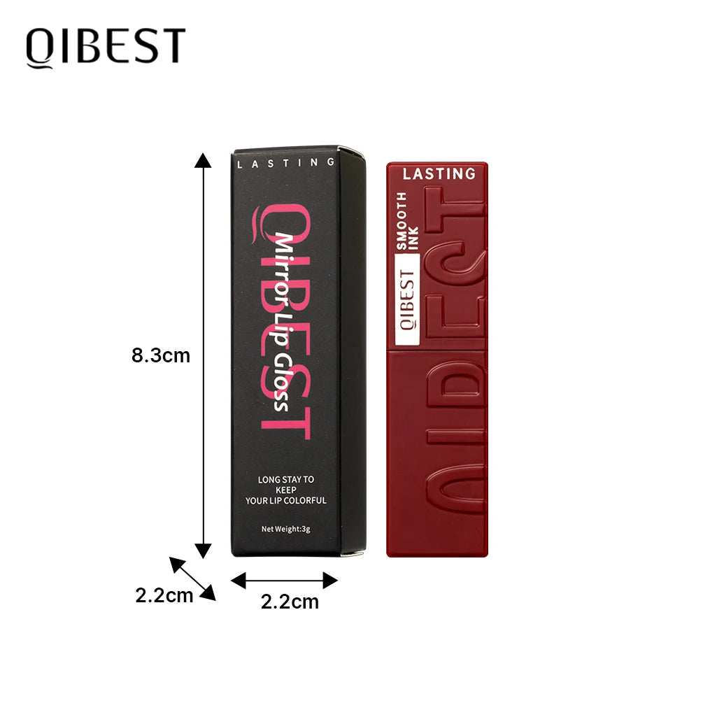 QIBEST long-lasting waterproof mirror lip glaze and black product packaging box with dimensions.