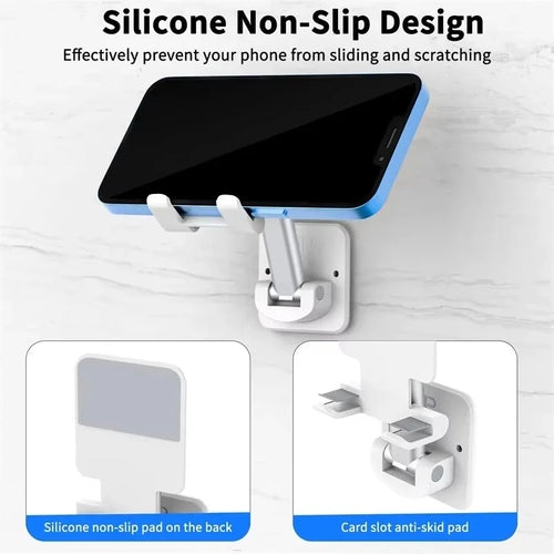 White Tidesmit wall-mounted phone holder with adjustable arm, silicone non-slip pads, and metal support brackets.