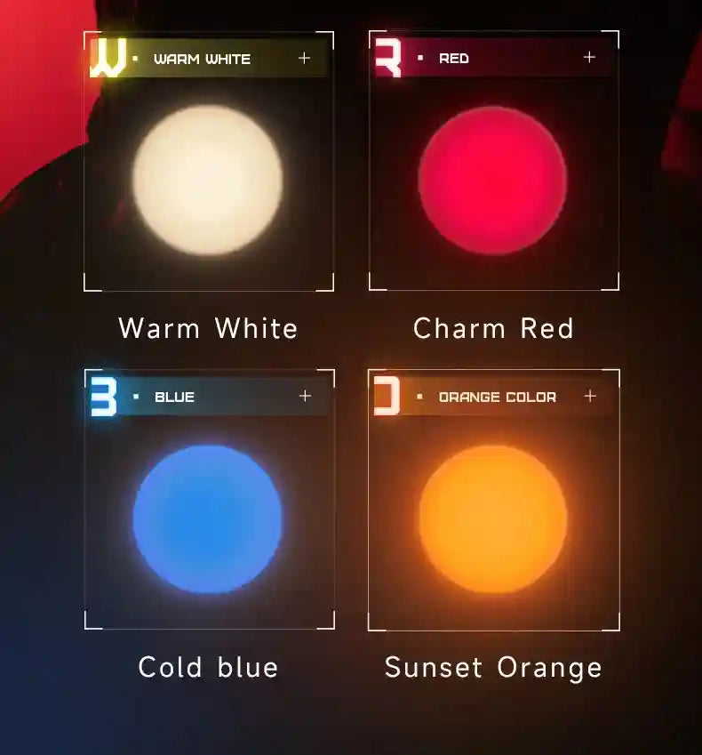 Four circular LED light options in warm white, red, blue, and sunset orange for customizable ambient lighting.