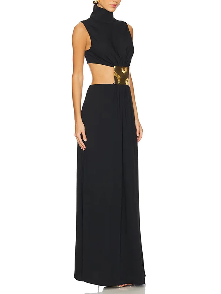 Solid Patchwork Hollow Out Fashion Maxi Dress, Women Summer Sleeveless Simple Party Dress, 2025 New Turtleneck Sexy Ladies Dress
