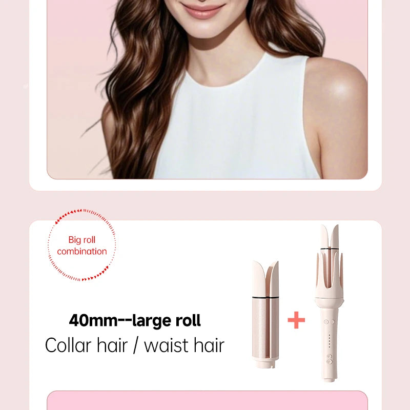Rose gold automatic curling iron with 40mm large roll attachment for anti-tangle, fast-heating salon hair styling.