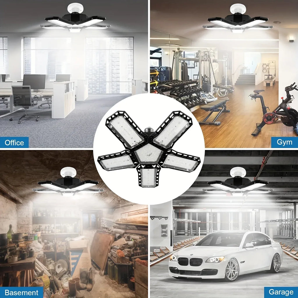 LED garage ceiling light shown with multi-panel cross fixture for office, gym, garage