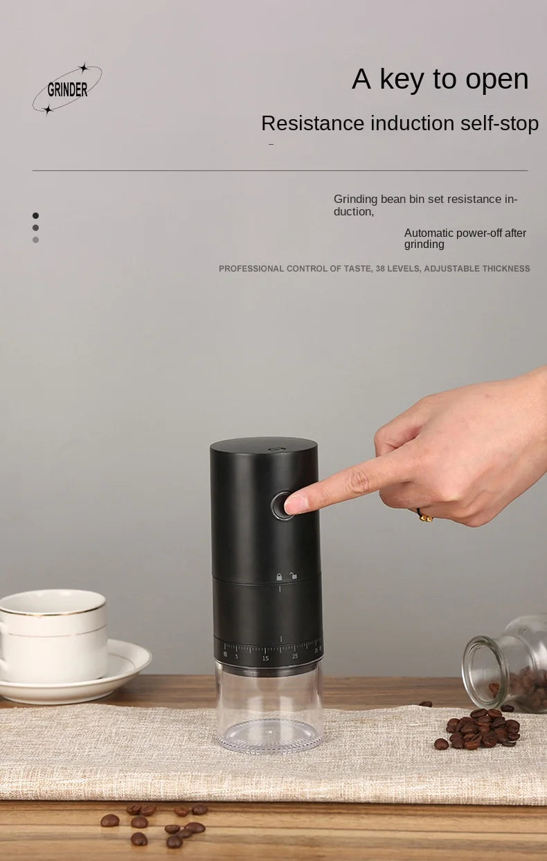 Hand pressing button on portable matte black electric coffee grinder with 38-level adjustment and clear bean bin.