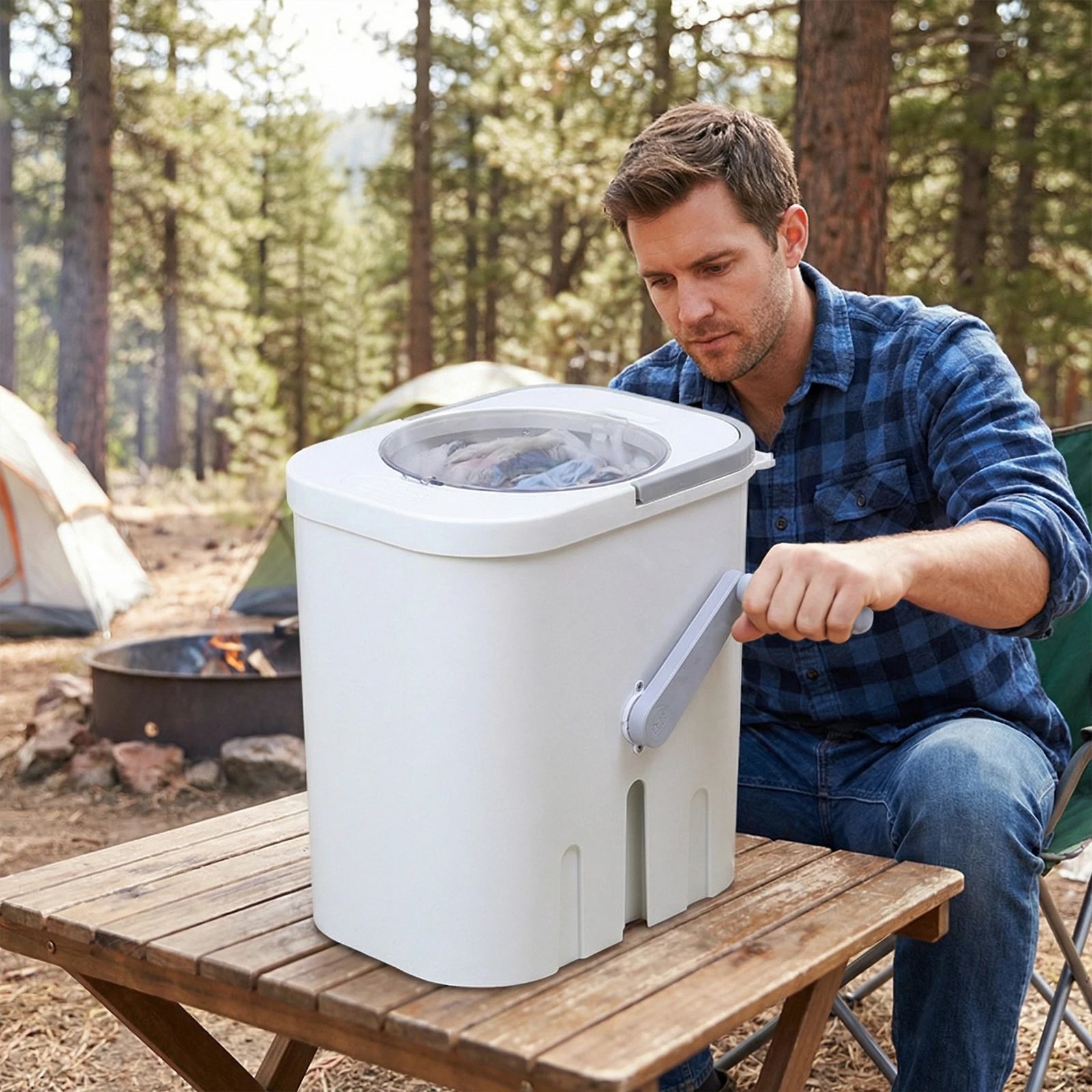 Tidesmit portable manual hand clothes washer with drain hose for RV camping and compact apartment laundry.
