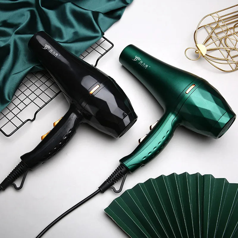 Black and emerald green professional salon hair dryers with high-speed, constant temp tech and sleek ergonomic design.