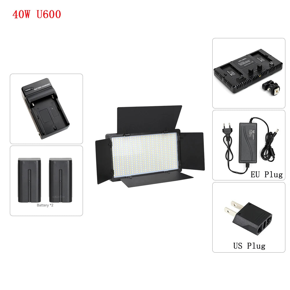 U600 40W LED video light kit with barn doors, two batteries, charger, and EU/US power adapters.
