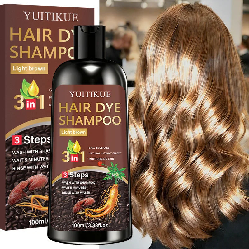 YUITIKUE Light Brown Hair Dye Shampoo 100ml - 3-in-1 Gray Coverage Natural Instant Hair Color Shampoo