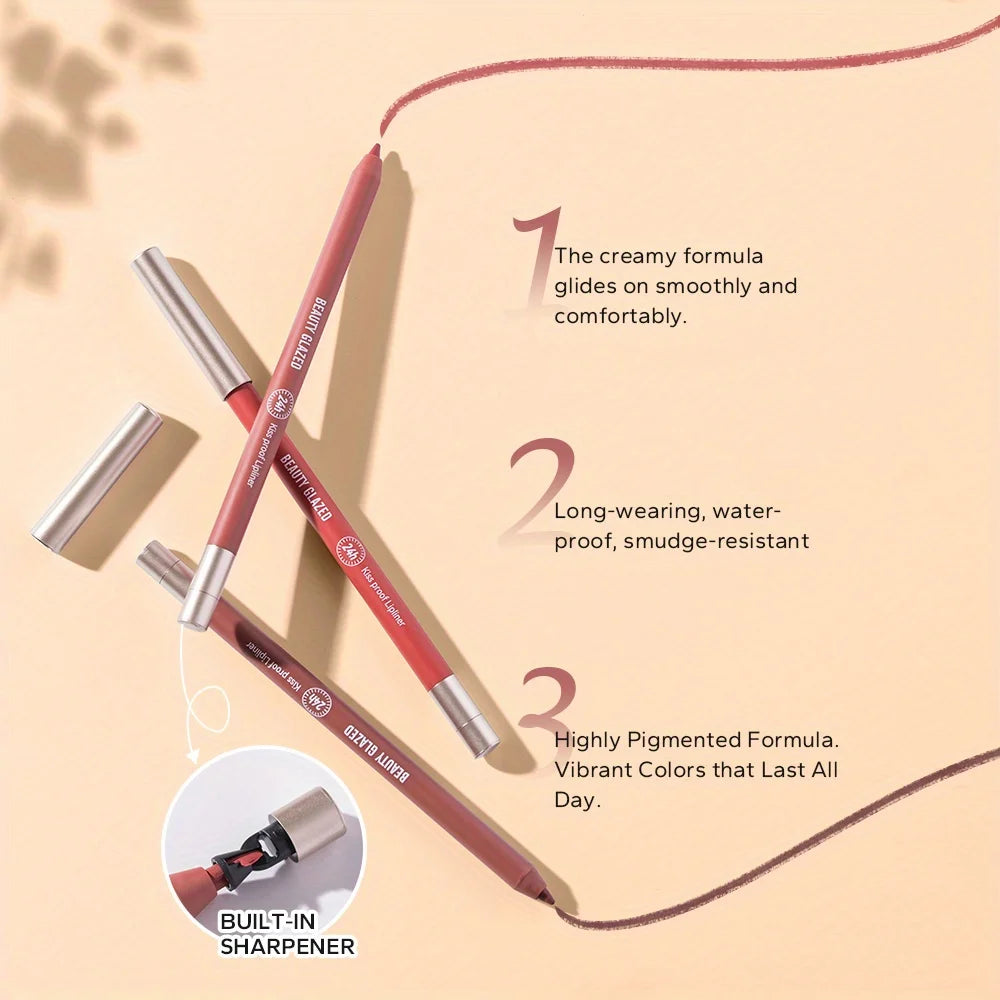 Beauty Glazed matte waterproof lip liner pencils with built-in sharpener for natural, highly pigmented lip shaping.
