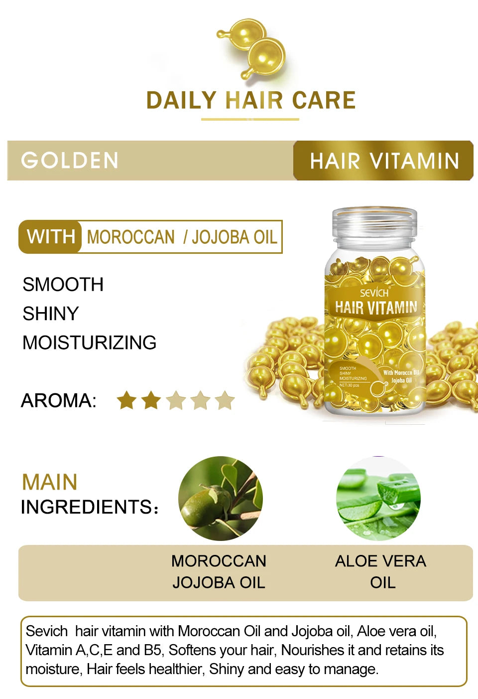 Sevich 30pc Keratin Hair Vitamin Capsules with Moroccan & Jojoba Oil for smooth, repairing, and shiny hair care.