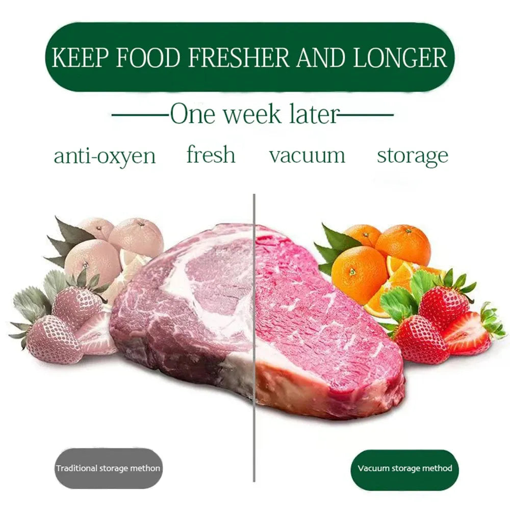 Vacuum-sealed food storage bag, showing sealed beef and fresh produce