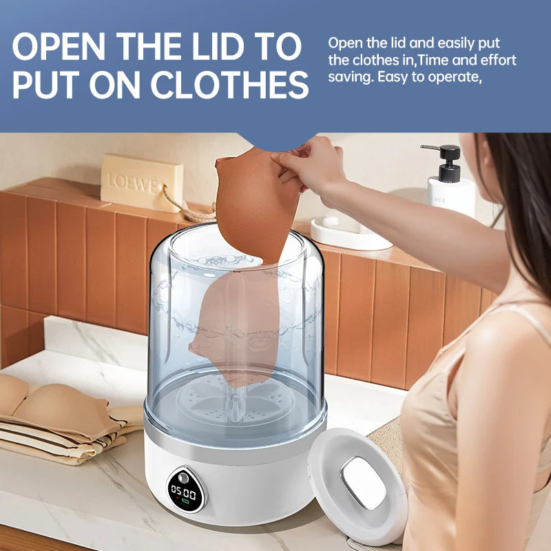 Tidesmit 1.5L portable wireless underwear and socks washing machine with LED laundry bucket, side angle view.
