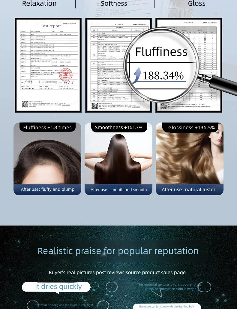 7-in-1 ionic hair dryer results: shows fluffiness, smoothness, and glossiness for salon-quality, quick-dry hair styling.