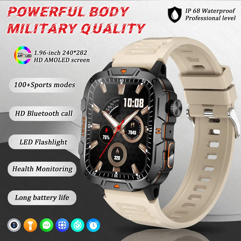 2026 New Military Grade Smart Watch Men 1.96" AMOLED Screen 5ATM Waterproof Sports Fitness Tracker BT Call Smartwatch