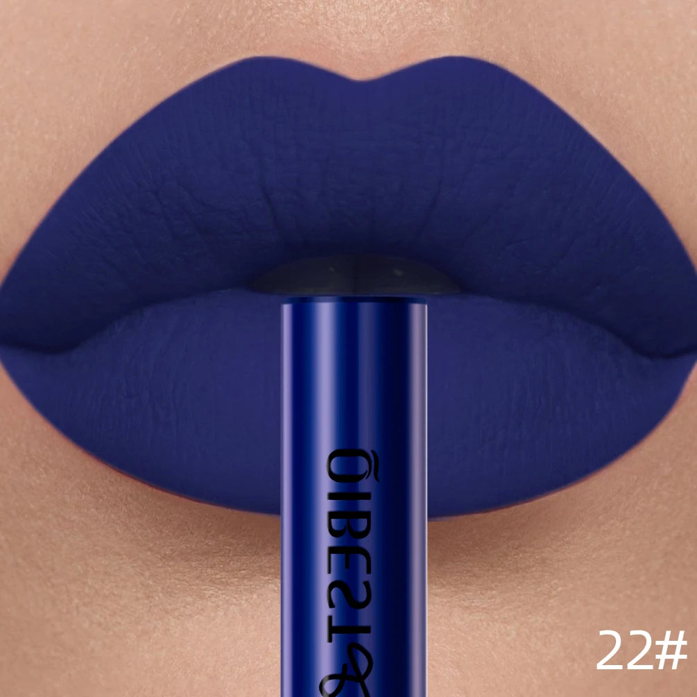 Matte blue liquid lipstick on lips with long-lasting, waterproof, velvet-finish nonstick lip stain formula.