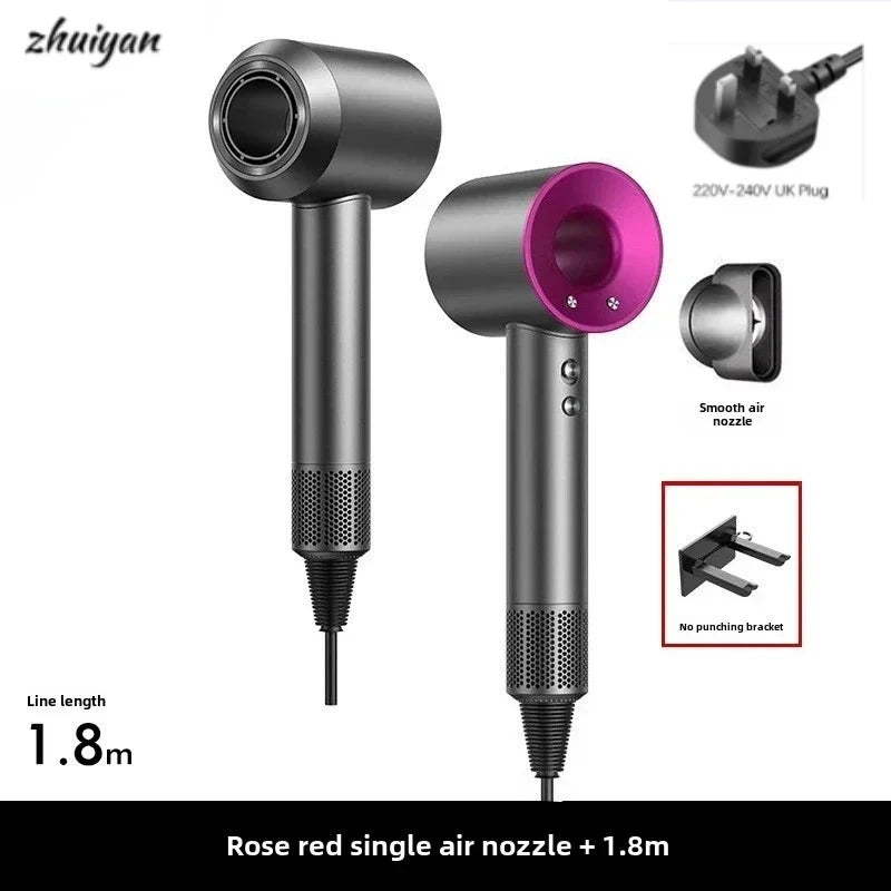 Professional rose red leafless hair dryer with nozzle, wall-mounted bracket, and 1.8m cord for salon-quality styling.