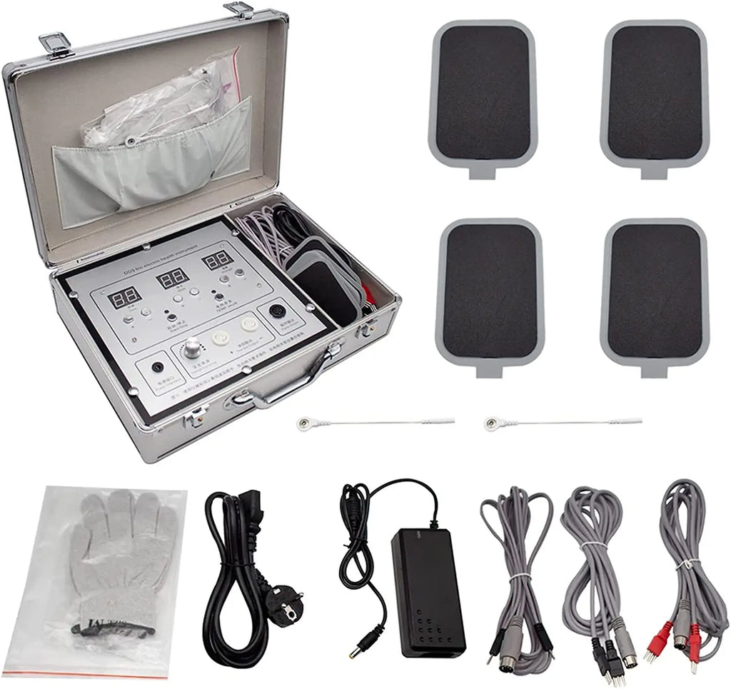 DDS bio-electric therapy device in silver case with four electrode pads, cables, power supply, and conductive glove.