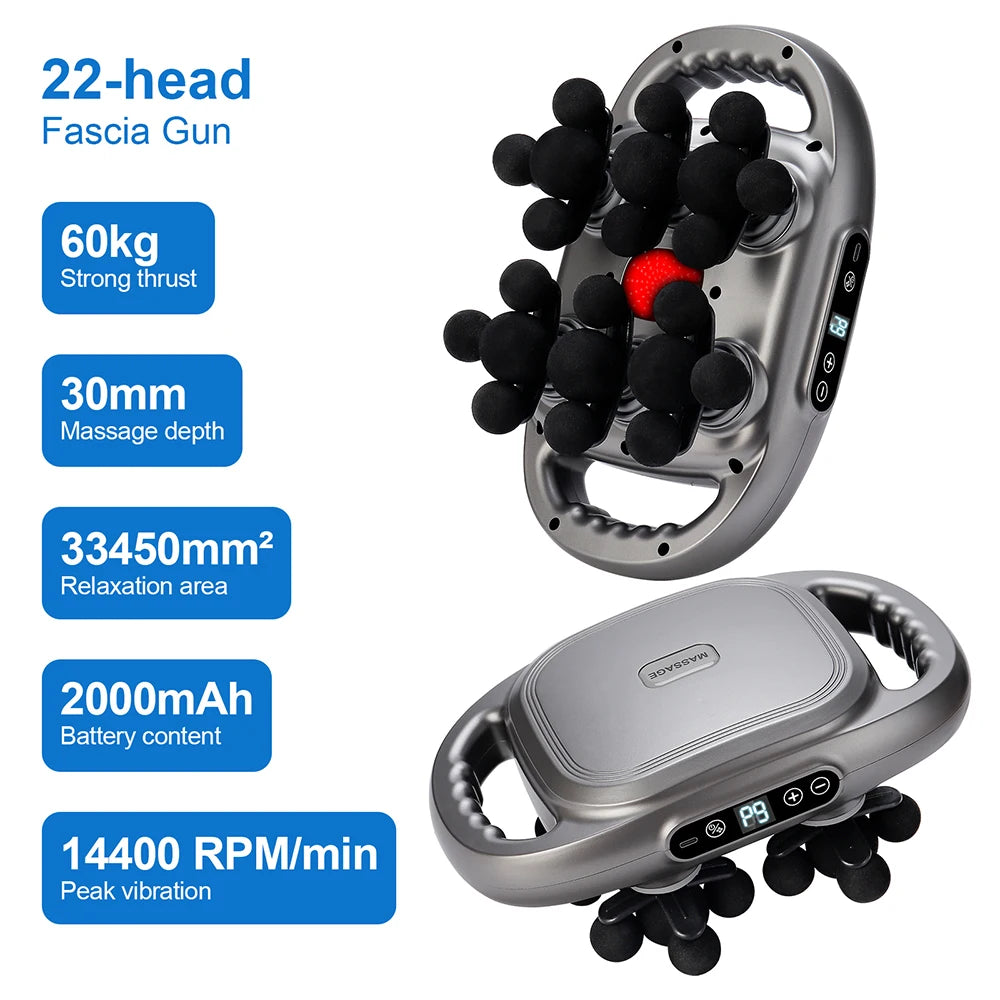 Gray 22-head handheld fascia massage gun with digital display, dual handles, and black massage nodes for muscle