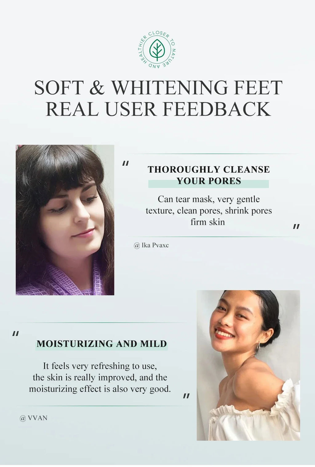 Testimonials for a soft and whitening foot mask, featuring user reviews on its pore-cleansing and moisturizing effects.