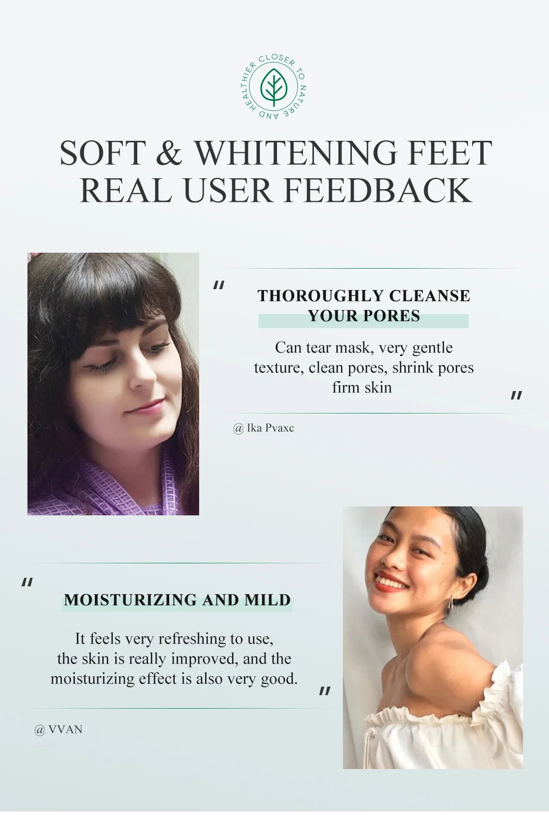 Testimonials for a soft and whitening foot mask, featuring user reviews on its pore-cleansing and moisturizing effects.