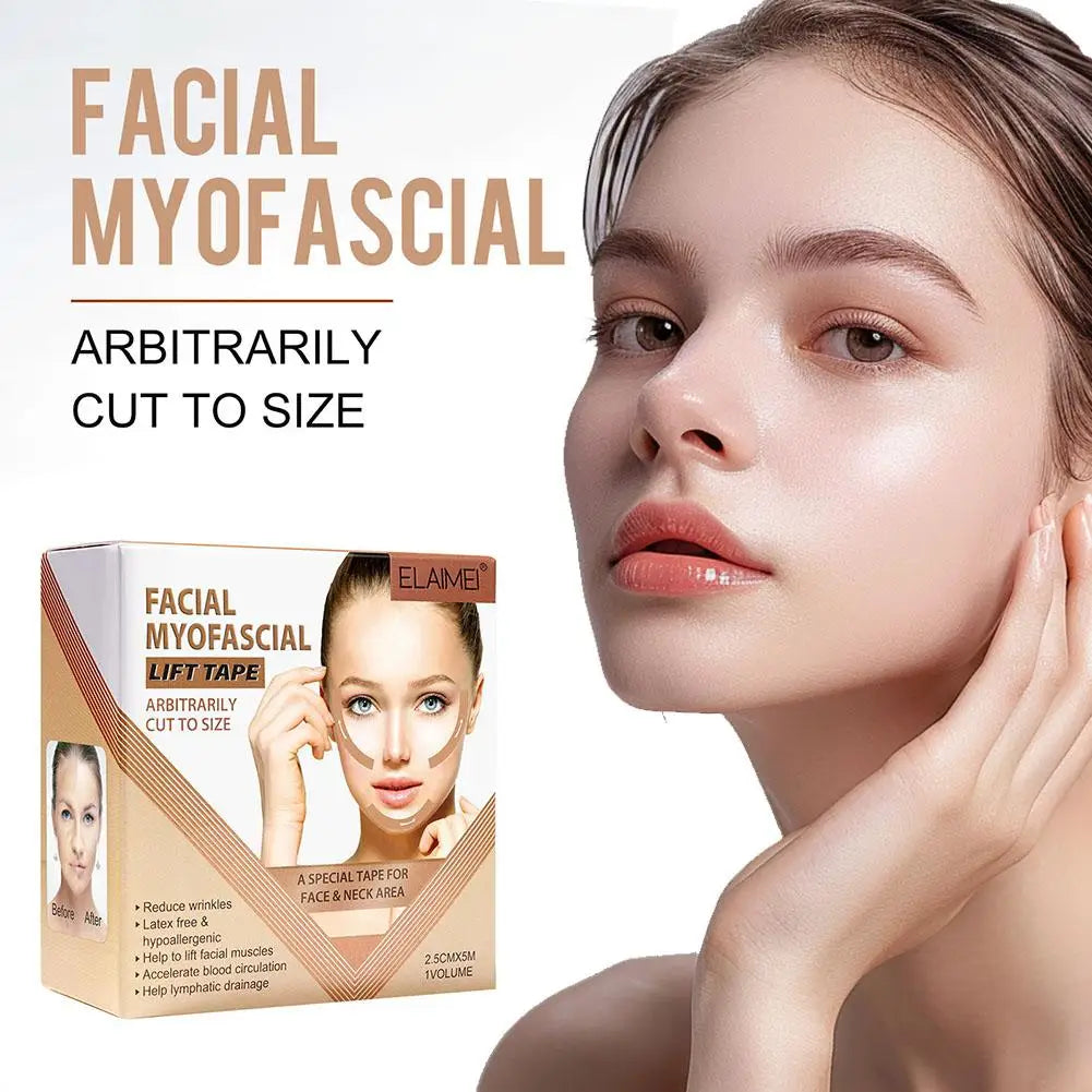 A woman's face next to a box of Elaimei facial myofascial lift tape, showcasing skin care benefits and usage.