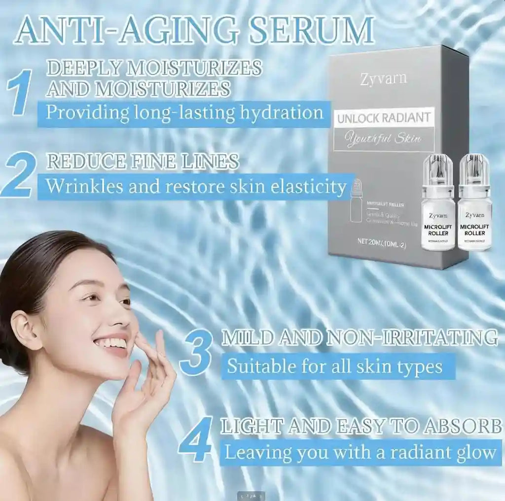 Zyvarn micro-infusion serum kit with two small applicator bottles and a box, displayed with a smiling woman.