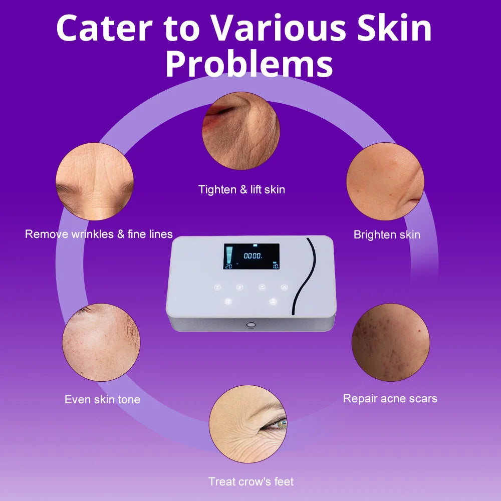 White Korean Dot Matrix RF skin lifting device with digital screen for anti-aging, wrinkle removal, and skin repair.