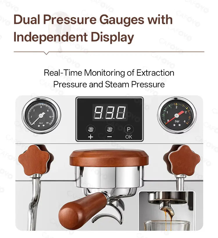 Cafoyo espresso machine control panel with dual pressure gauges, digital display, and wooden portafilter handle.