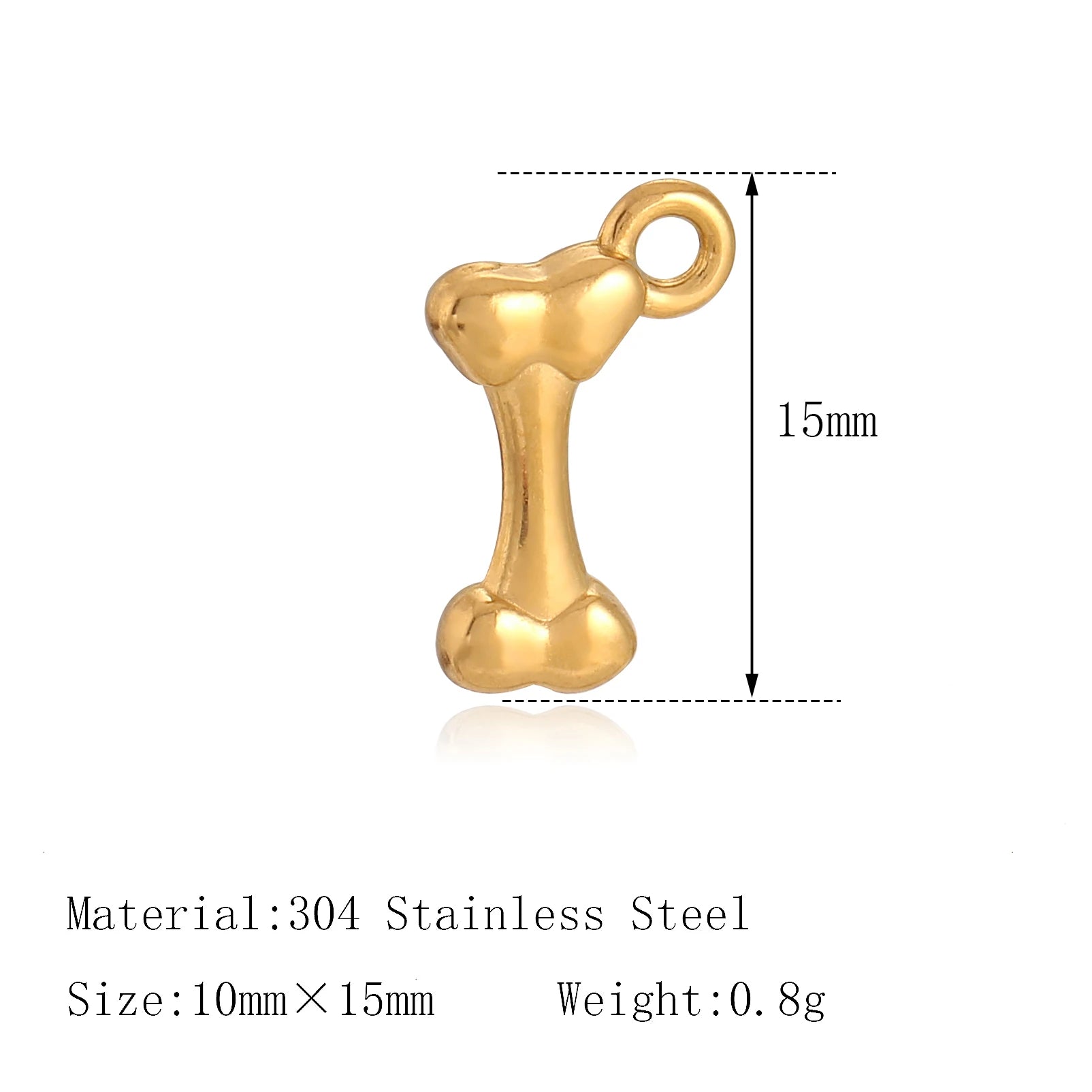 Gold dog bone charm, 15mm stainless steel pendant for DIY pet jewelry making and custom pet lover bracelets.
