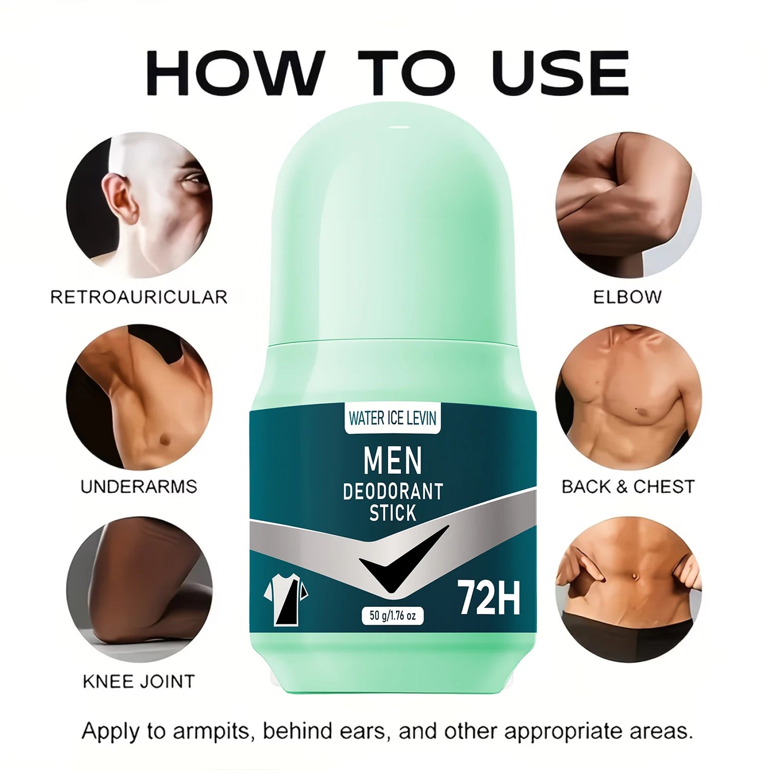 Water Ice Levin men's 72H deodorant stick in mint green bottle, prevents white marks and yellow stains on clothes.