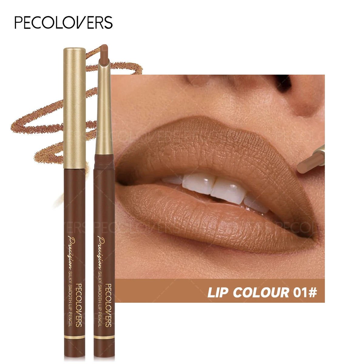 Waterproof matte lip liner pencil in nude brown shade, showing long-lasting, silky smooth texture on lips.