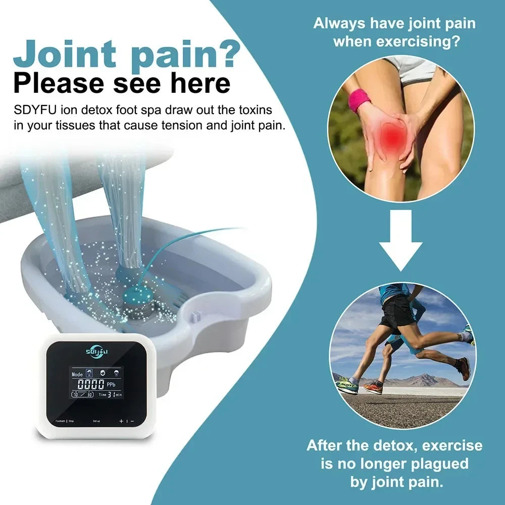 Electric ionic foot detox spa machine with digital control display for home therapy and joint pain relief.