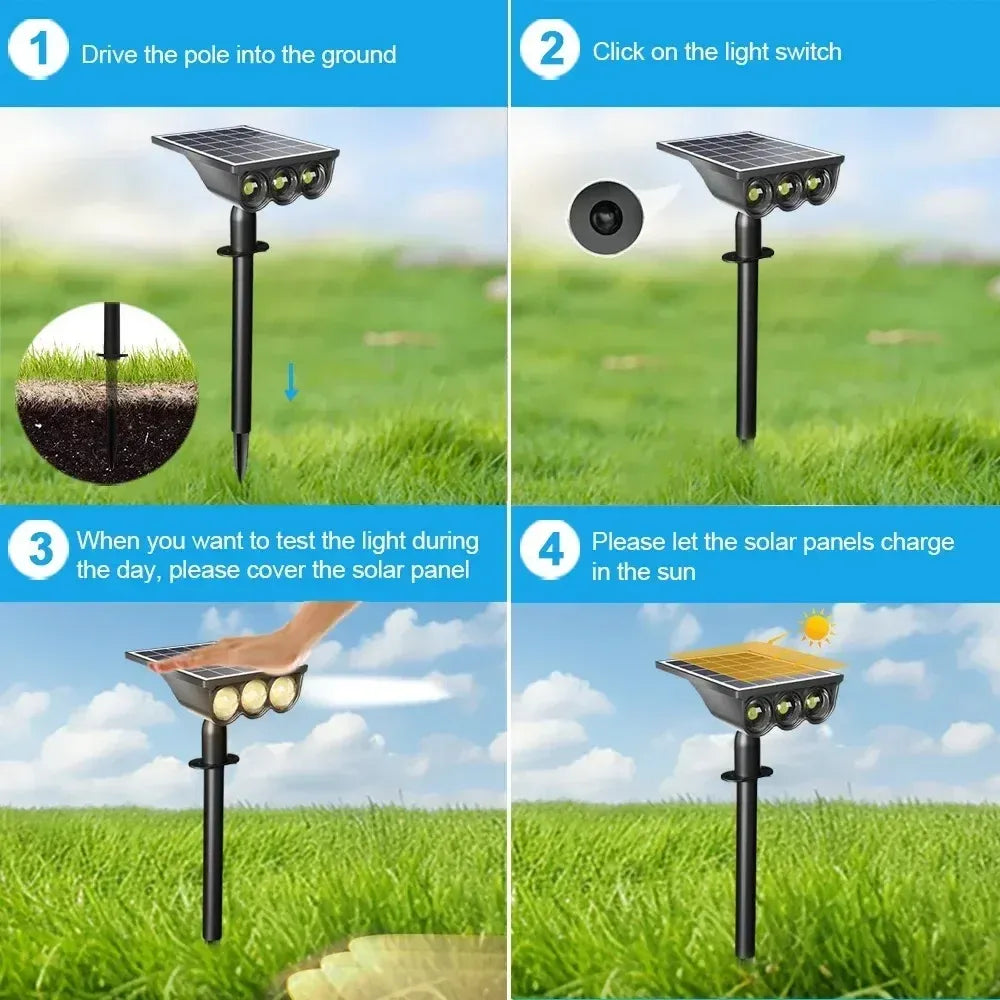 Four-step installation guide for a black LED solar landscape spotlight in grass.