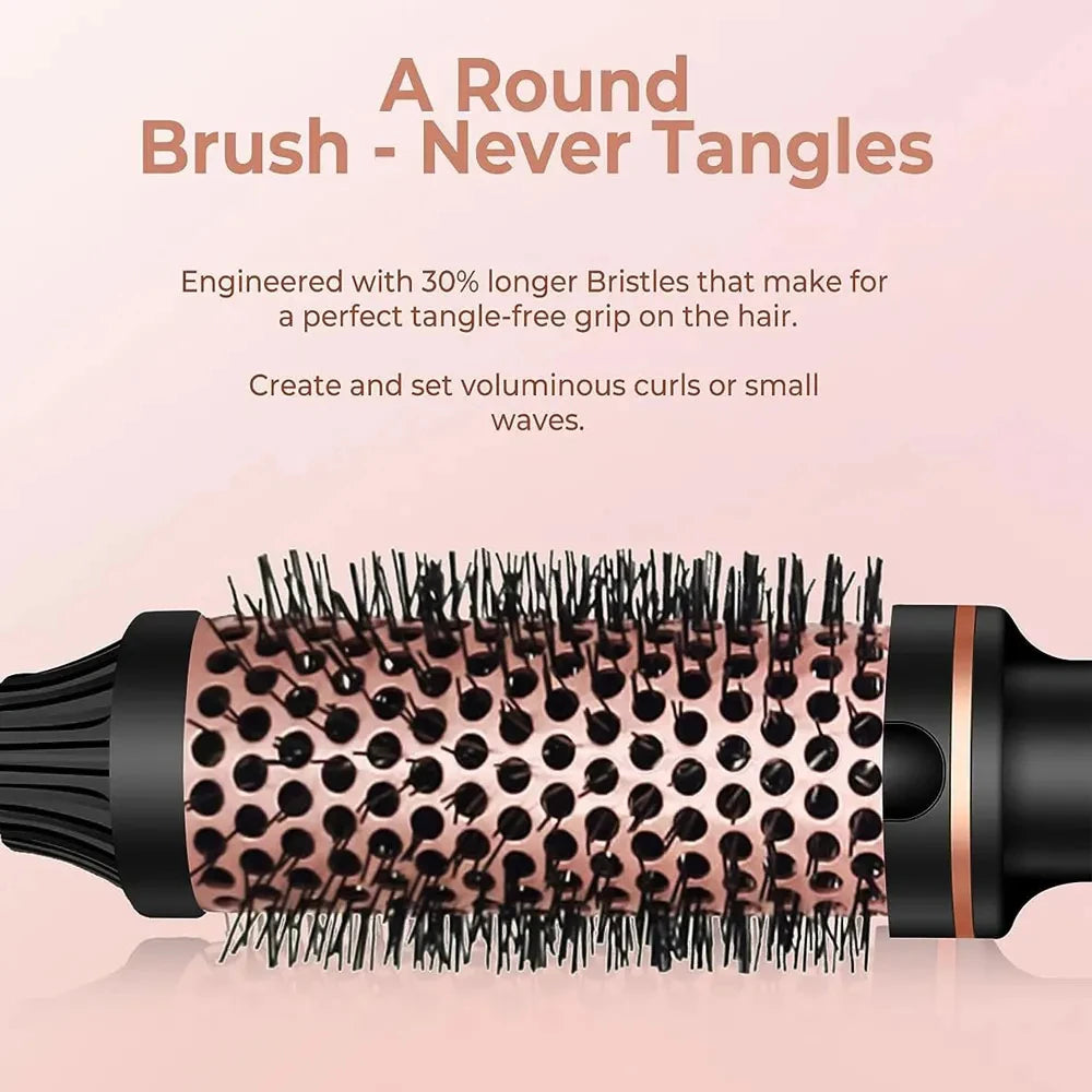 TINSOL 3-in-1 rose gold round brush attachment for curling and straightening, featuring long tangle-free hair bristles.