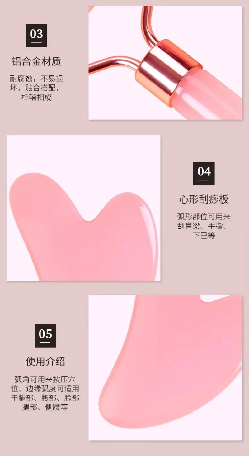 Pink resin jade roller and heart-shaped gua sha scraper set for facial lifting, massage, and wrinkle reduction.