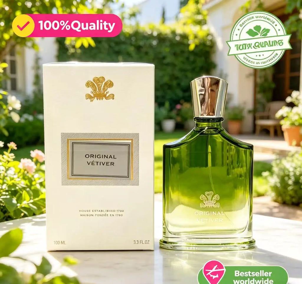 Creed Original Vetiver 100ml men's parfum, green glass bottle, fresh woody scent, luxury long-lasting cologne for men.