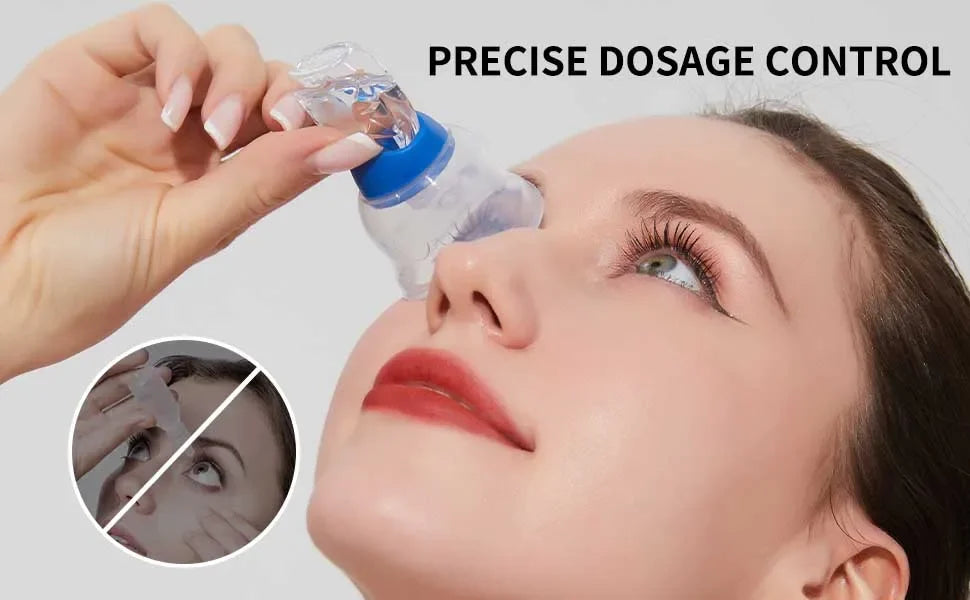 Reusable eye drop guide tool with blue cap applied to eye for precise, clean dosage and easy self-application.