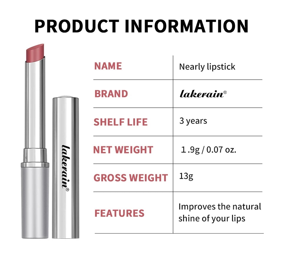 Lakerain moisturizing brown tinted lip balm with a creamy texture in a sleek silver tube for natural lip shine.