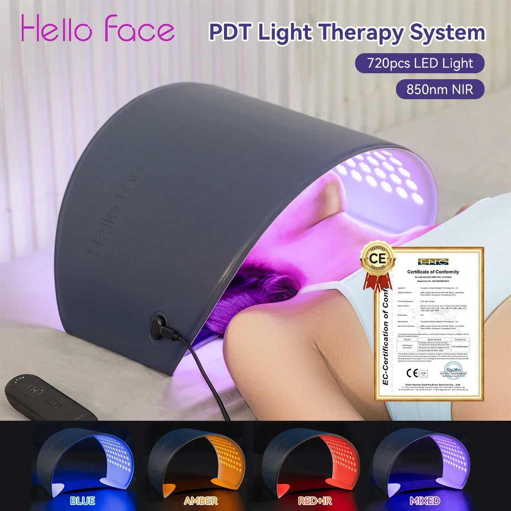 Arched, grey LED light therapy mask emitting purple light over a person, with remote and color options shown below.