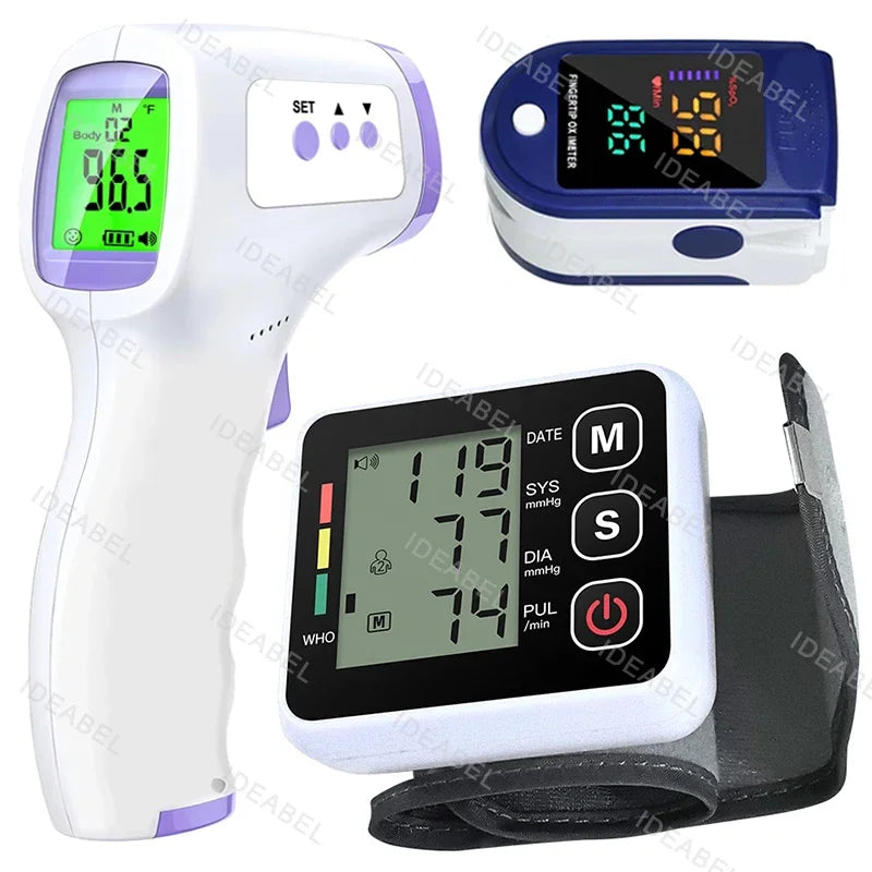 Digital Blood Pressure Monitor Wrist Tensiometer Electronic Sphygmomanometer Tonometer with LCD Forehead Digital Thermometer