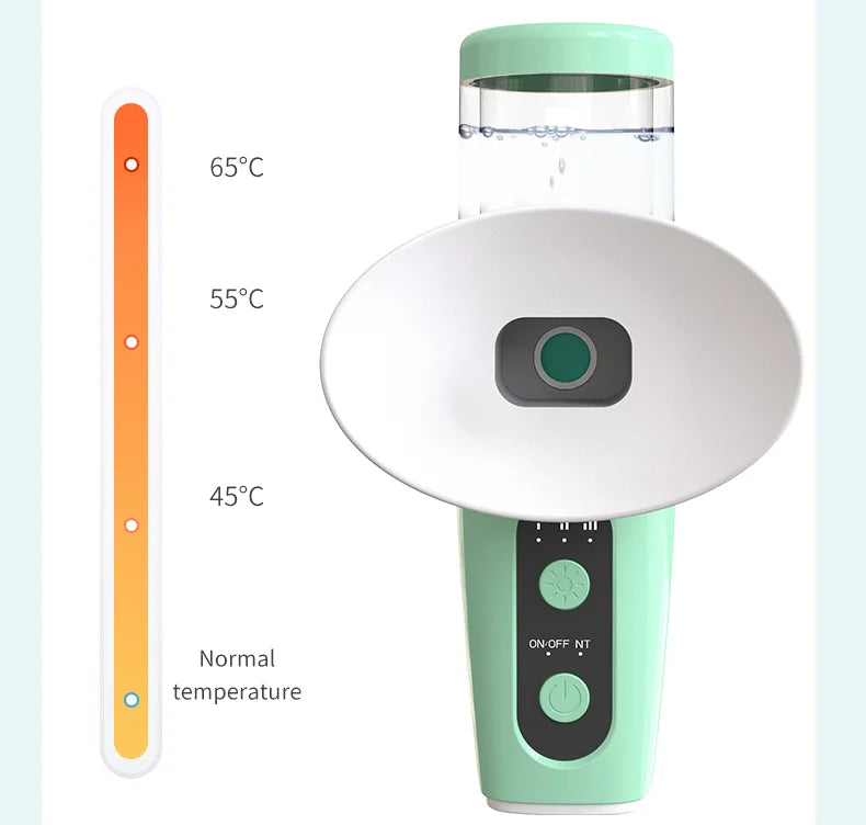 Portable green USB rechargeable eye misting device with hot compress, temperature settings, and water reservoir.