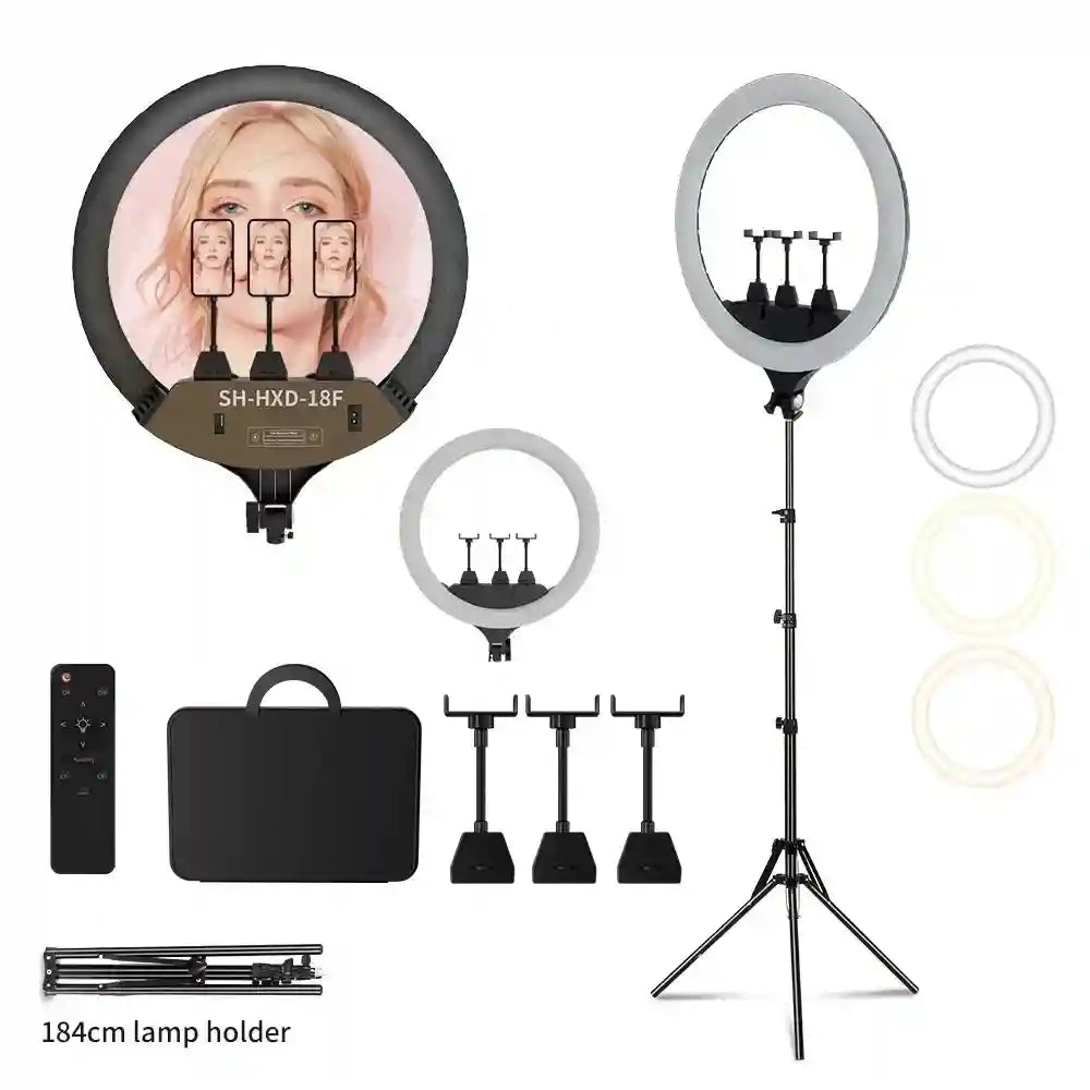 18-inch LED ring light with tripod stand, three phone holders, remote, and carry case for photography and streaming.